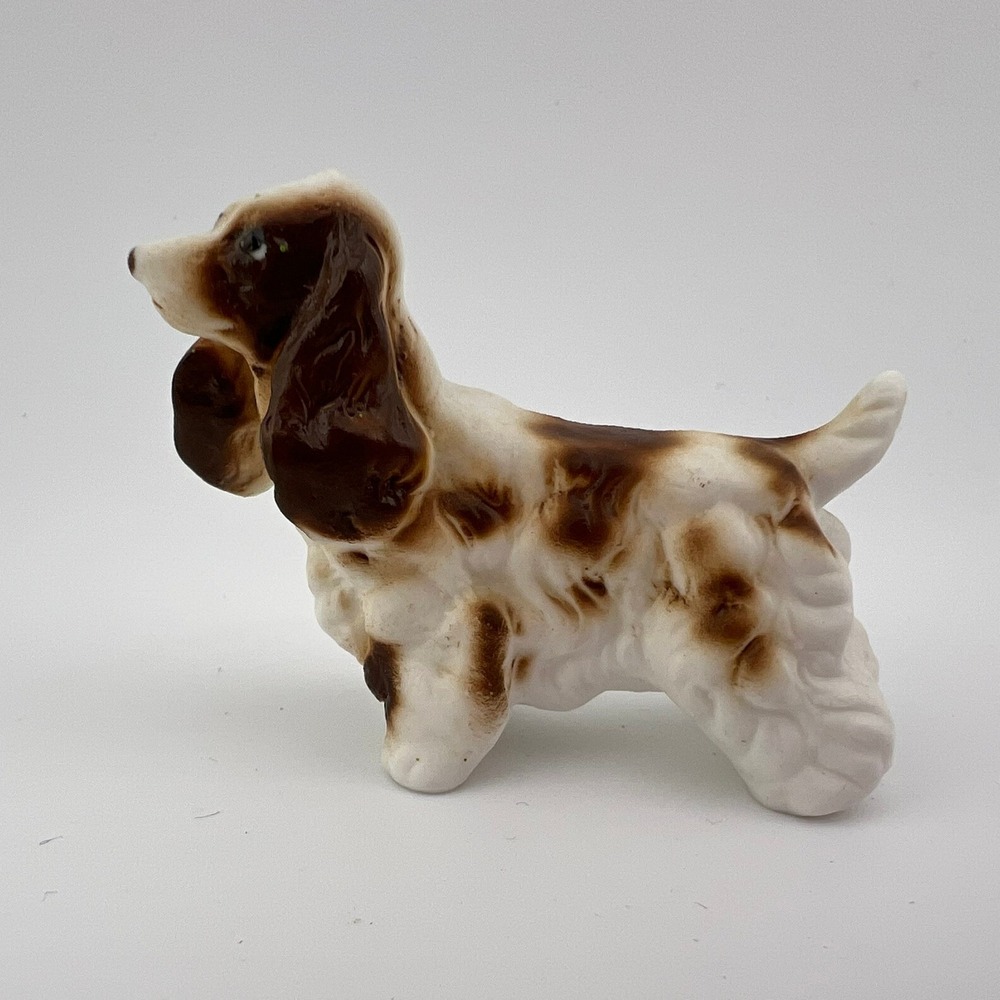 Vintage Brown White Spaniel Dog Figurine Matte Ceramic 2" Mini Puppy